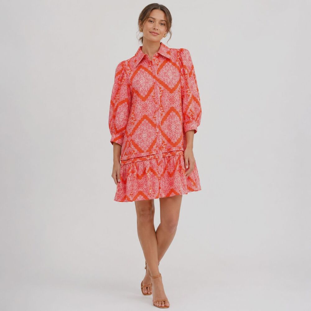 LaRoque Original Dress Small Linen Rayon Coral/Orange Print Puff Sleeve